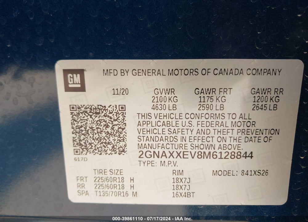 2021 CHEVROLET EQUINOX AWD PREMIER VIN: 2GNAXXEV8M6128844