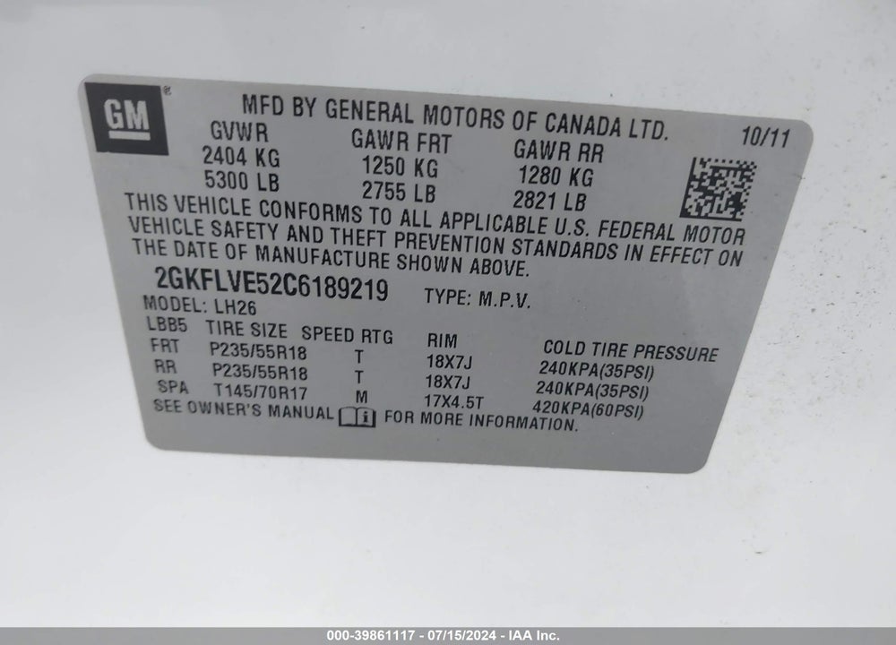 2012 GMC TERRAIN SLT-1 VIN: 2GKFLVE52C6189219