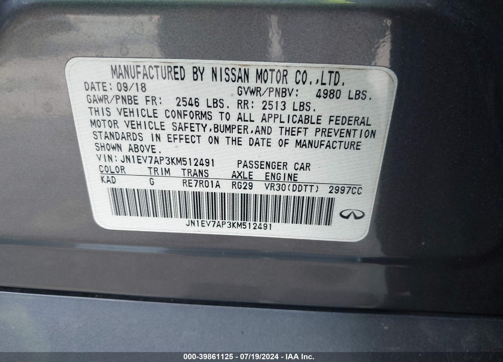 2019 INFINITI Q50 3.0T LUXE VIN: JN1EV7AP3KM512491