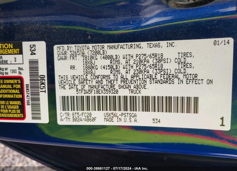 2014 TOYOTA TUNDRA SR5 5.7L V8 VIN: 5TFDW5F18EX359320