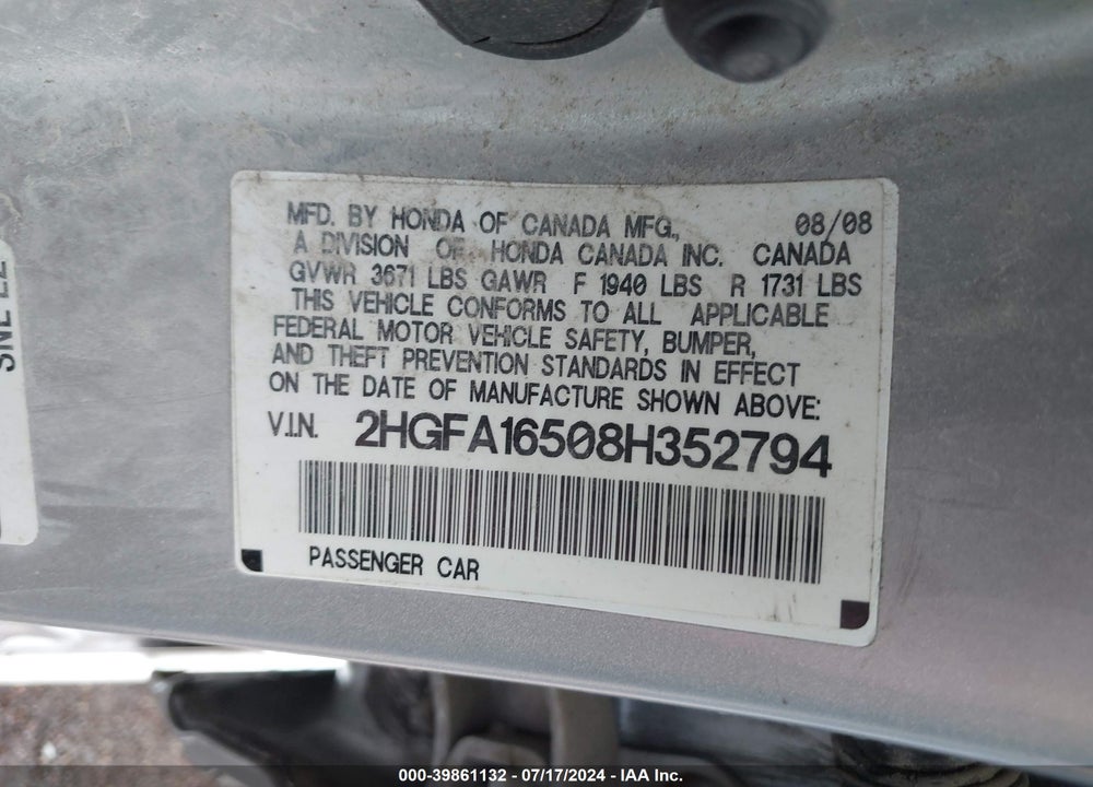 2008 HONDA CIVIC LX VIN: 2HGFA16508H352794