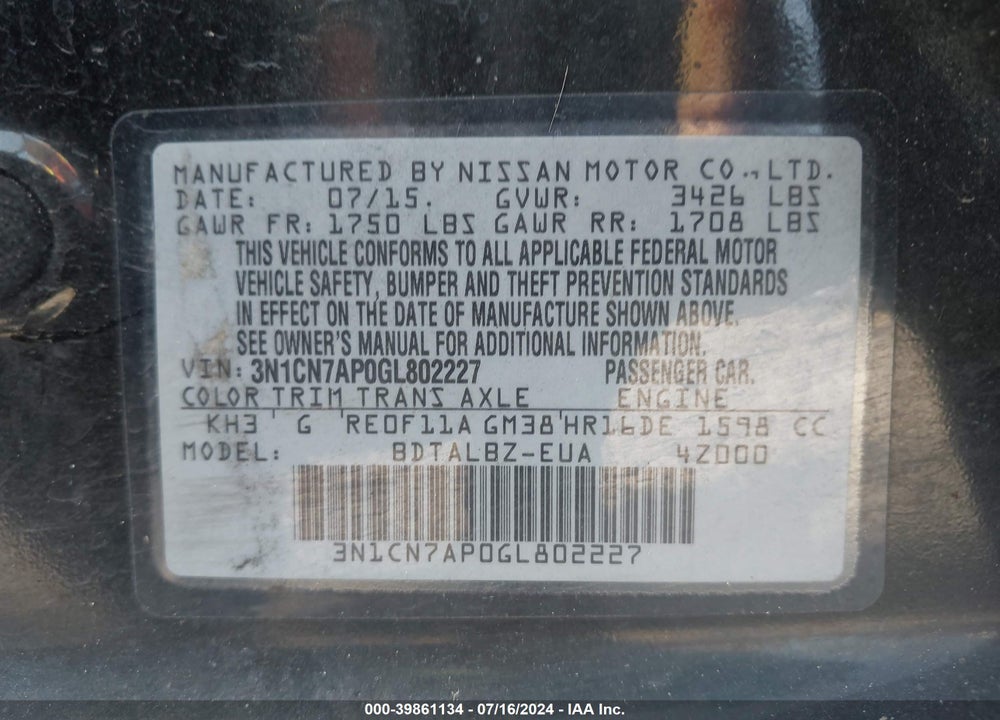 2016 NISSAN VERSA VIN: 3N1CN7AP0GL802227