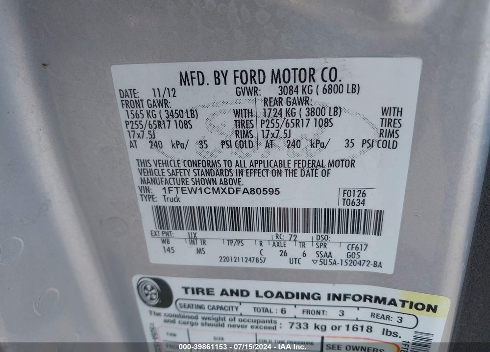 2013 FORD F-150 XLT VIN: 1FTEW1CMXDFA80595