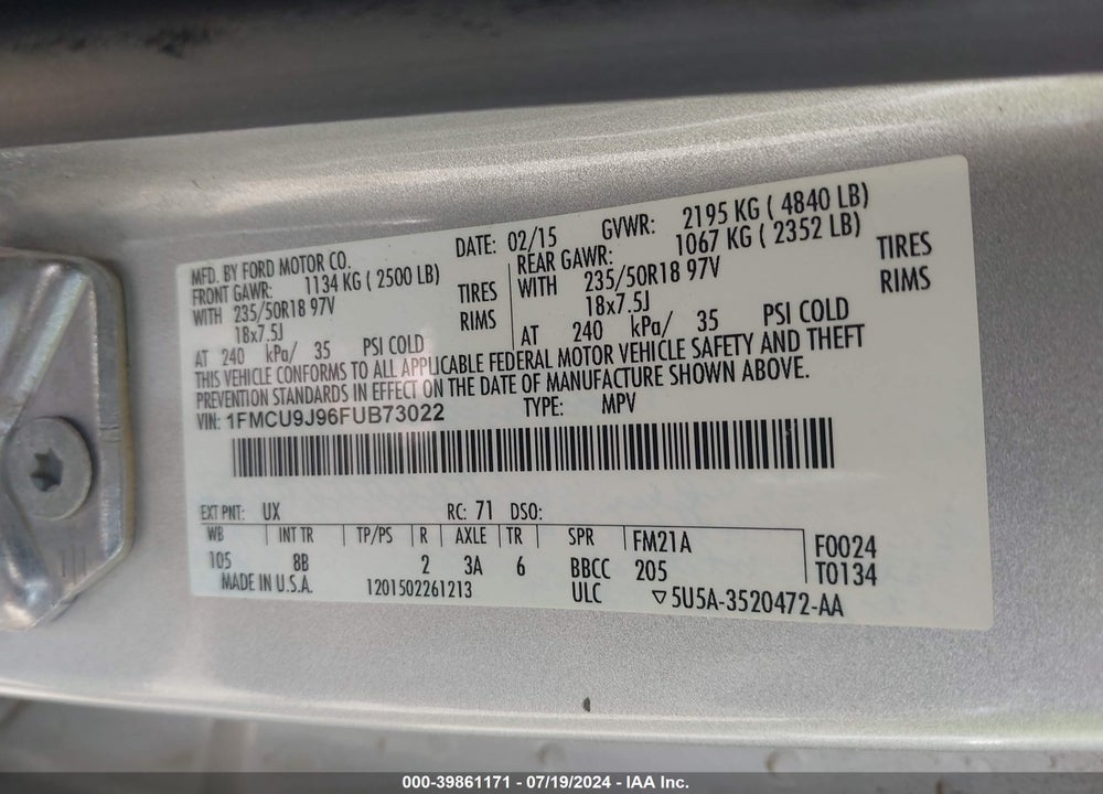 2015 FORD ESCAPE TITANIUM VIN: 1FMCU9J96FUB73022