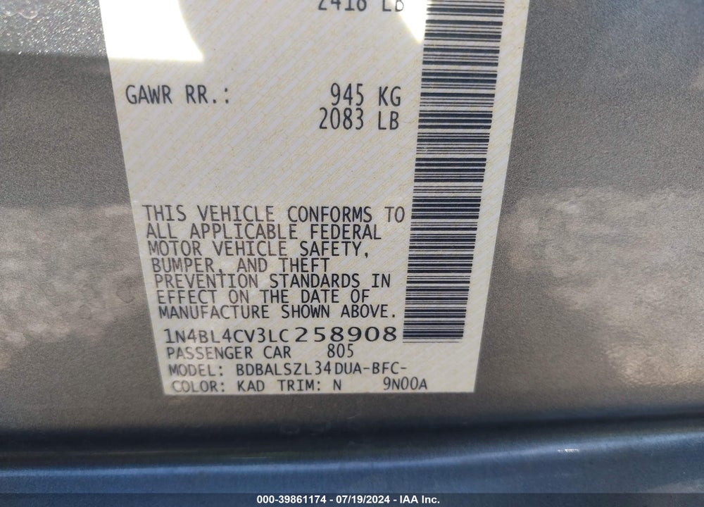 2020 NISSAN ALTIMA SR FWD VIN: 1N4BL4CV3LC258908