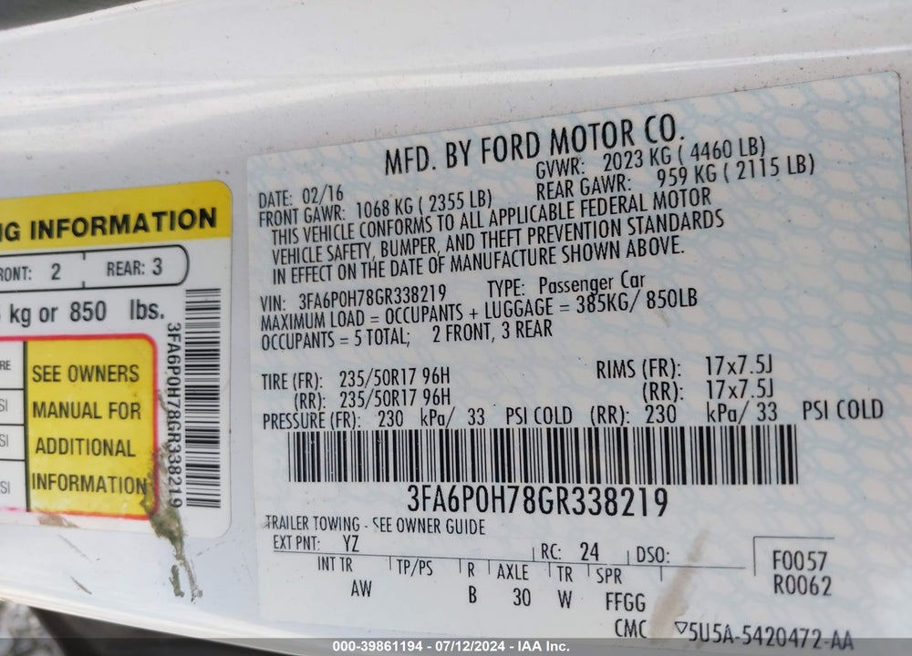2016 FORD FUSION SE VIN: 3FA6P0H78GR338219