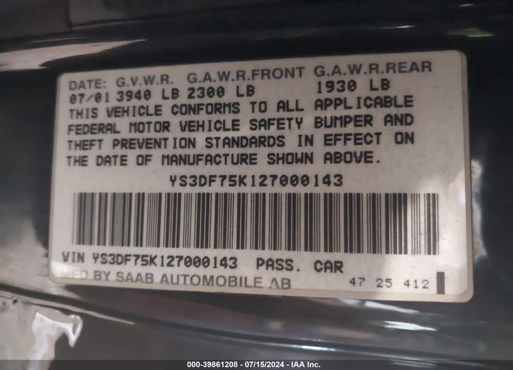 2002 SAAB 9-3 SE VIN: YS3DF75K127000143