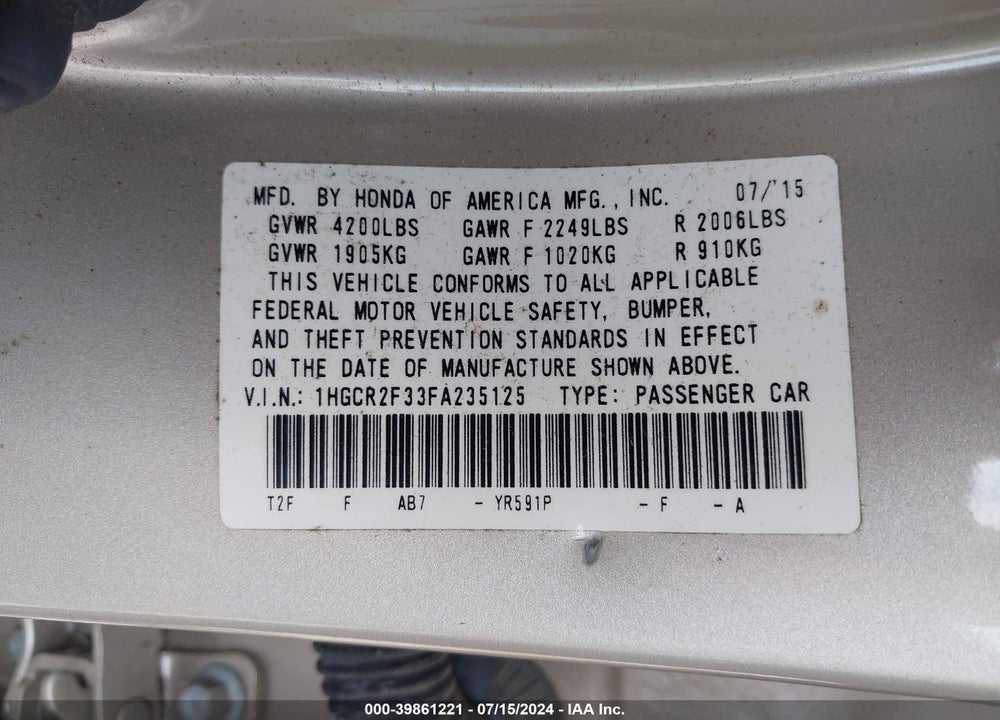 2015 HONDA ACCORD LX VIN: 1HGCR2F33FA235125