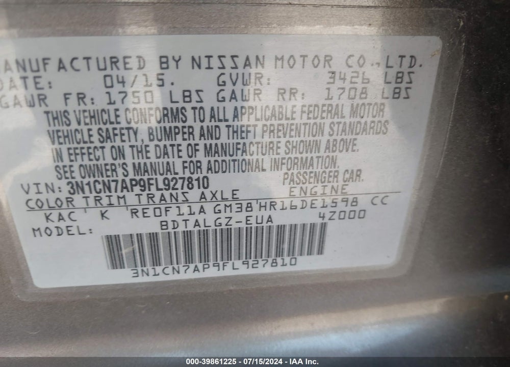 2015 NISSAN VERSA 1.6 SL VIN: 3N1CN7AP9FL927810
