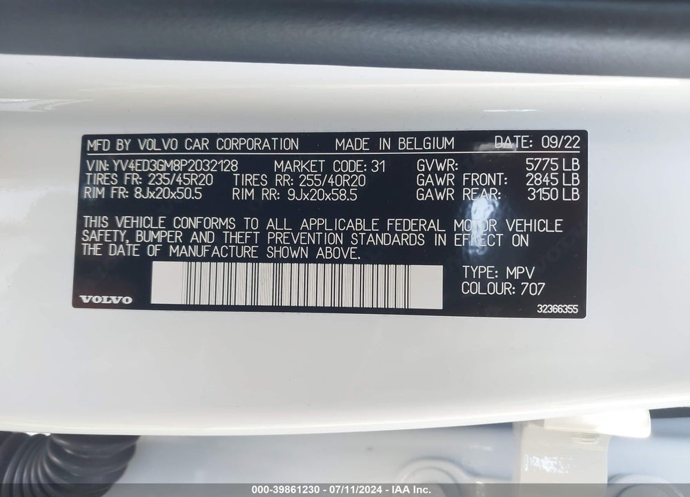 2023 VOLVO C40 RECHARGE PURE ELECTRIC TWIN ULTIMATE VIN: YV4ED3GM8P2032128