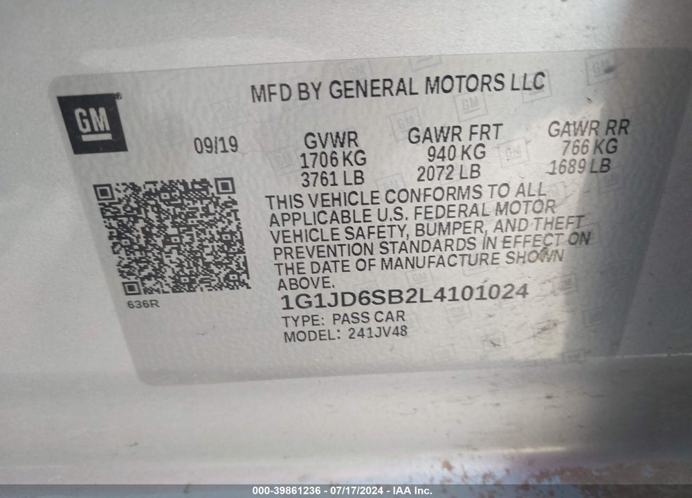 2020 CHEVROLET SONIC VIN: 1G1JD6SB2L4101024