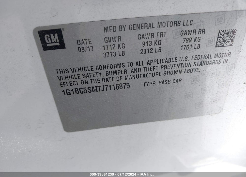 2018 CHEVROLET CRUZE LS AUTO VIN: 1G1BC5SM7J7116875