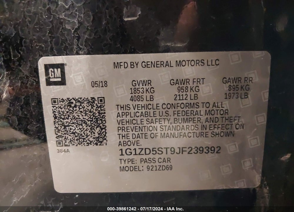 2018 CHEVROLET MALIBU LT VIN: 1G1ZD5ST9JF239392