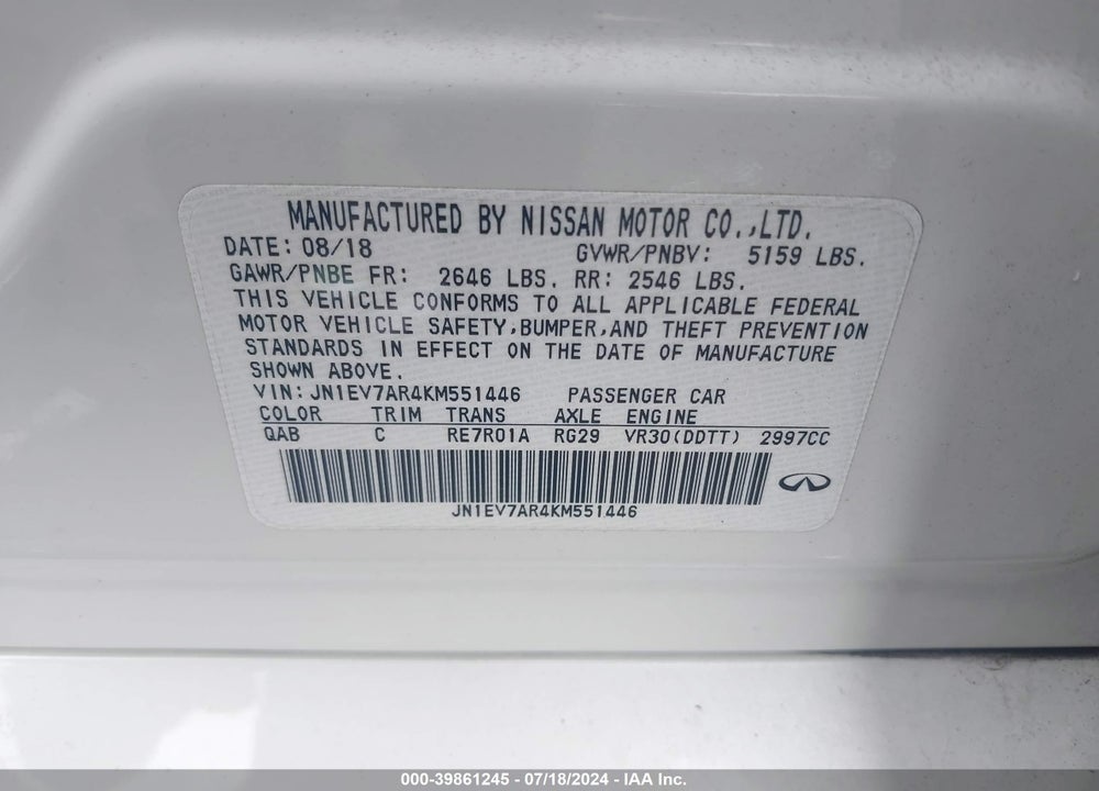 2019 INFINITI Q50 3.0T LUXE VIN: JN1EV7AR4KM551446