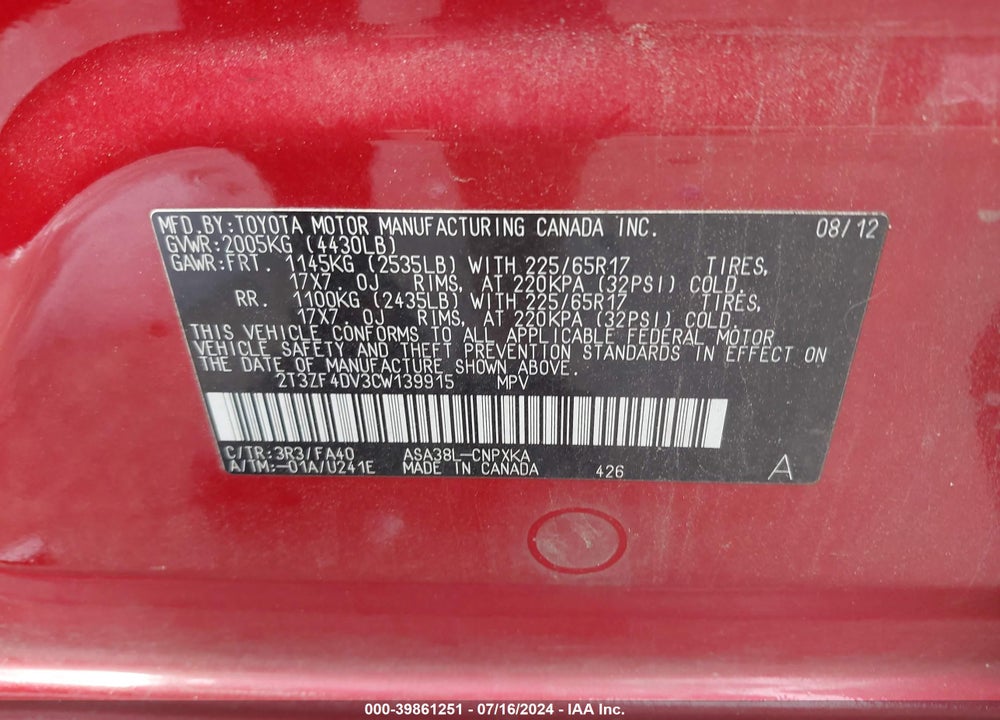 2012 TOYOTA RAV4 VIN: 2T3ZF4DV3CW139915
