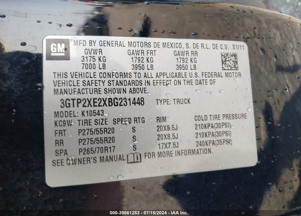 2011 GMC SIERRA 1500 DENALI VIN: 3GTP2XE2XBG231448