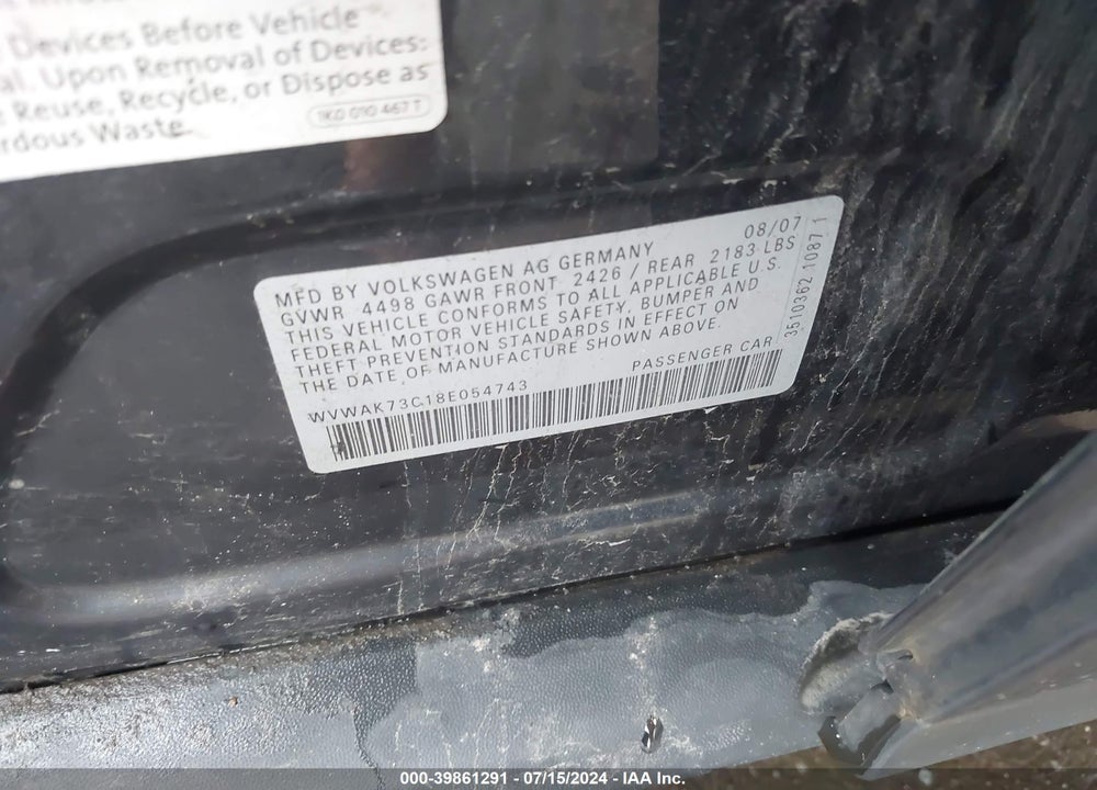 2008 VOLKSWAGEN PASSAT KOMFORT VIN: WVWAK73C18E054743