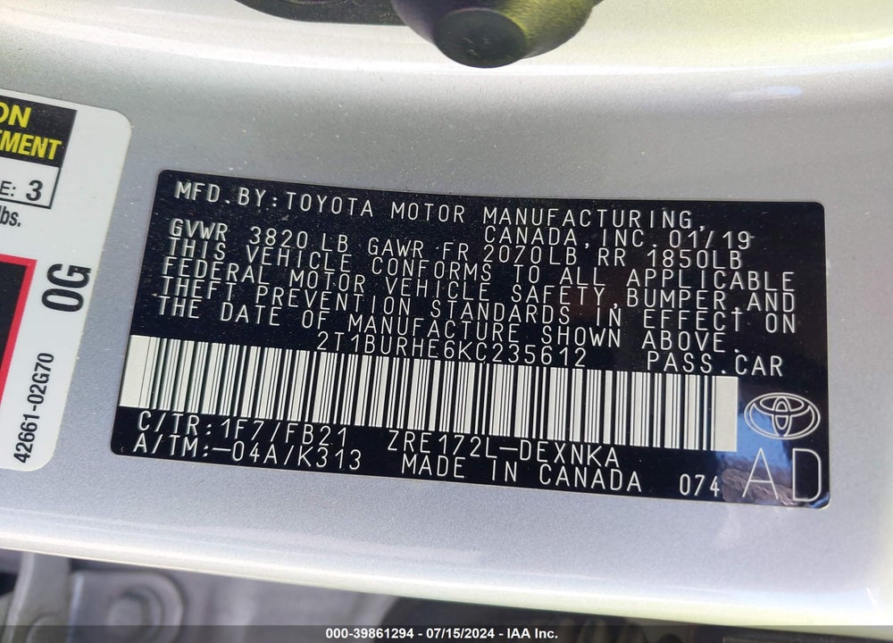 2019 TOYOTA COROLLA LE VIN: 2T1BURHE6KC235612