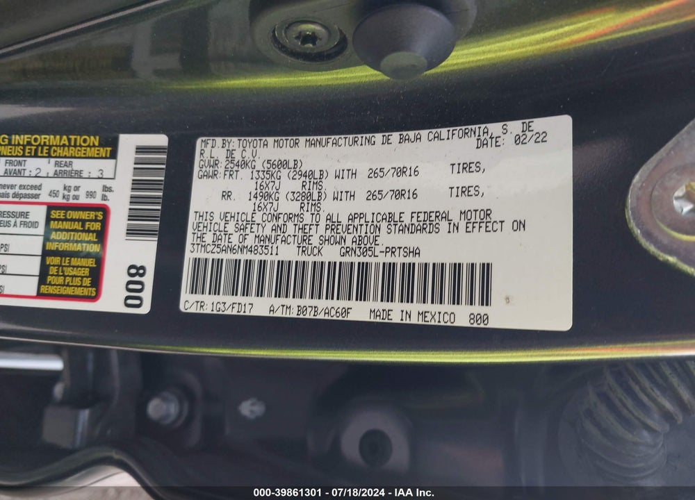 2022 TOYOTA TACOMA TRD OFF ROAD VIN: 3TMCZ5AN6NM483511