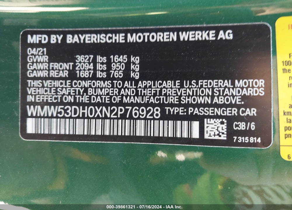2022 MINI HARDTOP COOPER S VIN: WMW53DH0XN2P76928