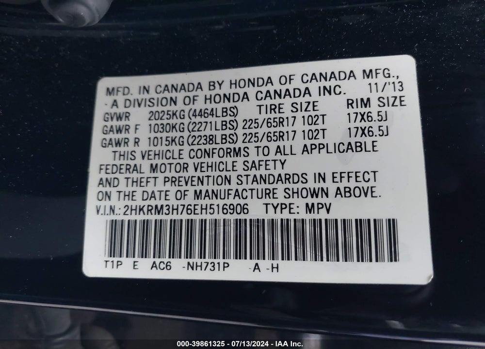 2014 HONDA CR-V VIN: 2HKRM3H76EH516906