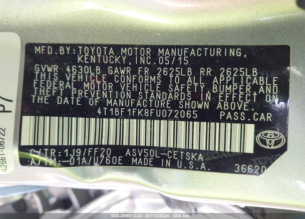2015 TOYOTA CAMRY SE VIN: 4T1BF1FK8FU072065