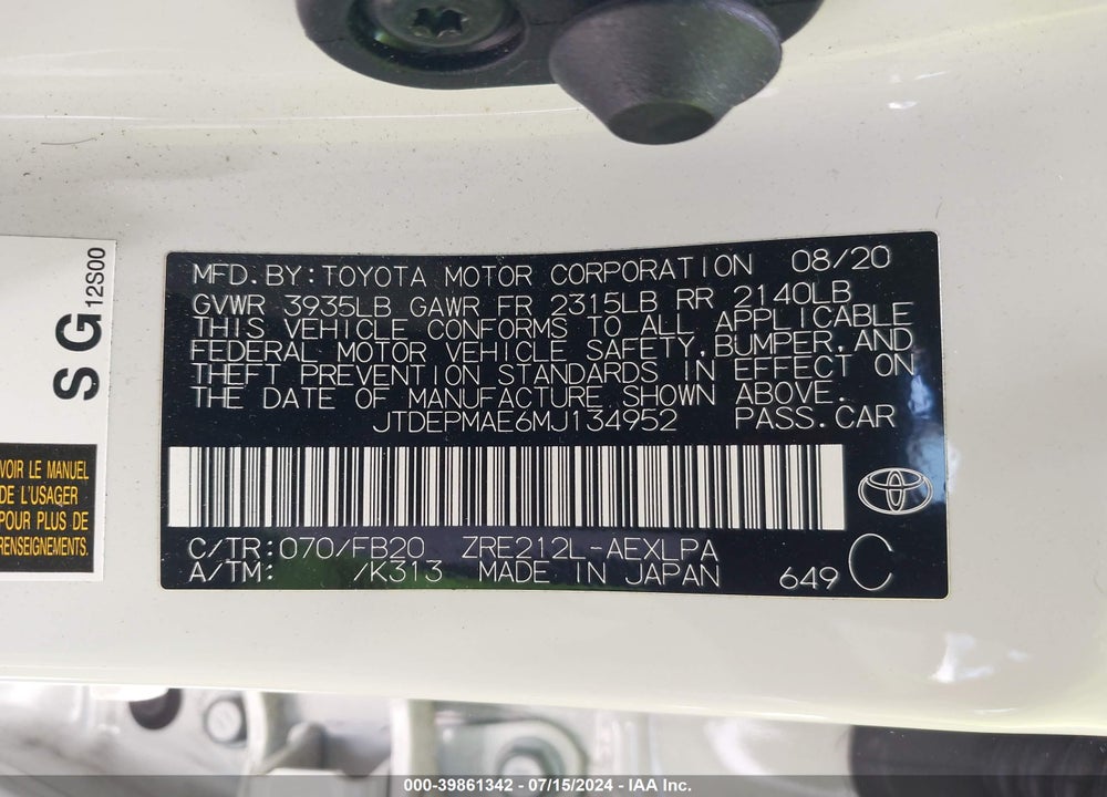 2021 TOYOTA COROLLA LE VIN: JTDEPMAE6MJ134952