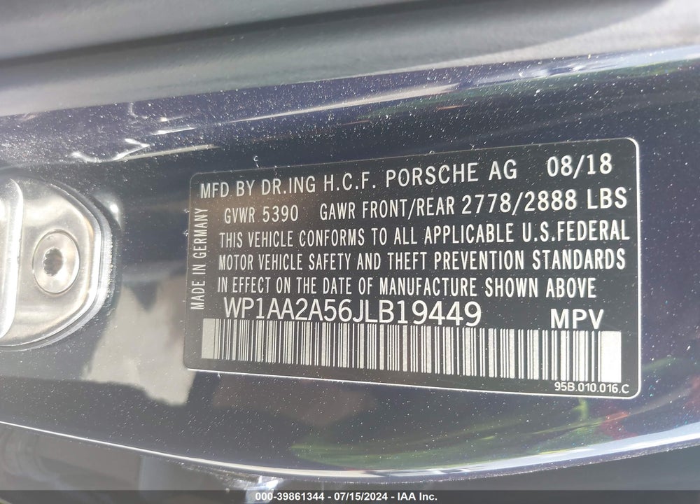 2018 PORSCHE MACAN SPORT EDITION VIN: WP1AA2A56JLB19449