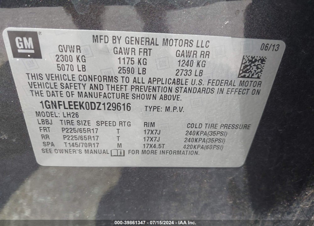2013 CHEVROLET EQUINOX 1LT VIN: 1GNFLEEK0DZ129616