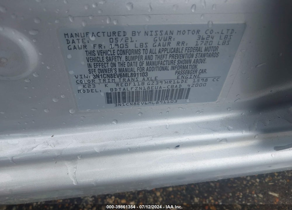 2021 NISSAN VERSA VIN: 3N1CN8EV6ML891103