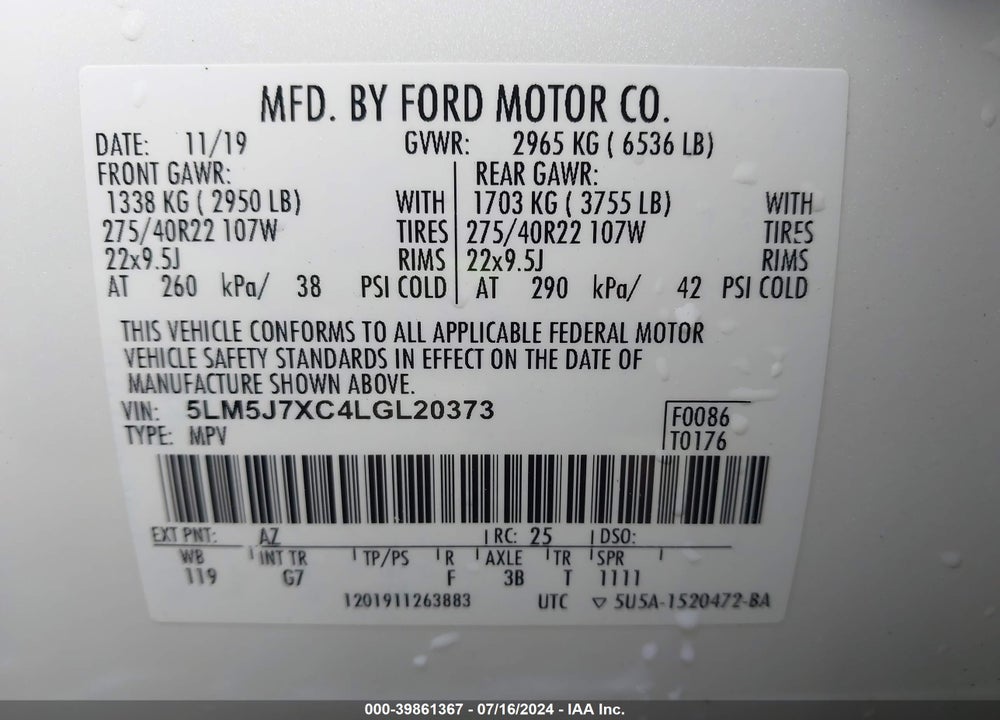 2020 LINCOLN AVIATOR RESERVE VIN: 5LM5J7XC4LGL20373