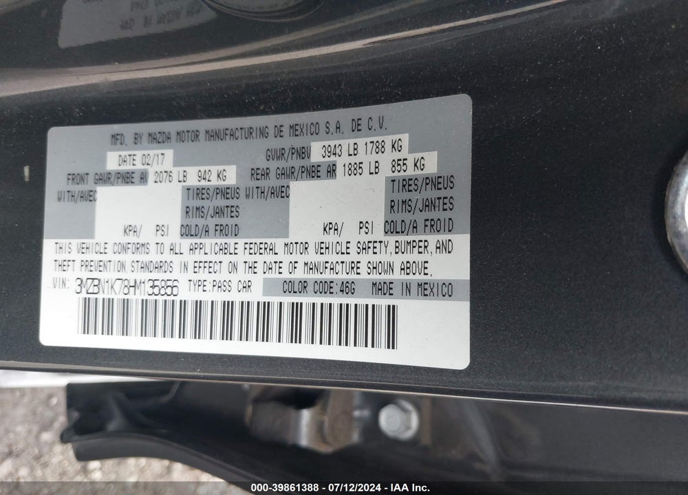 2017 MAZDA 3 SPORT VIN: 3MZBN1K78HM135856