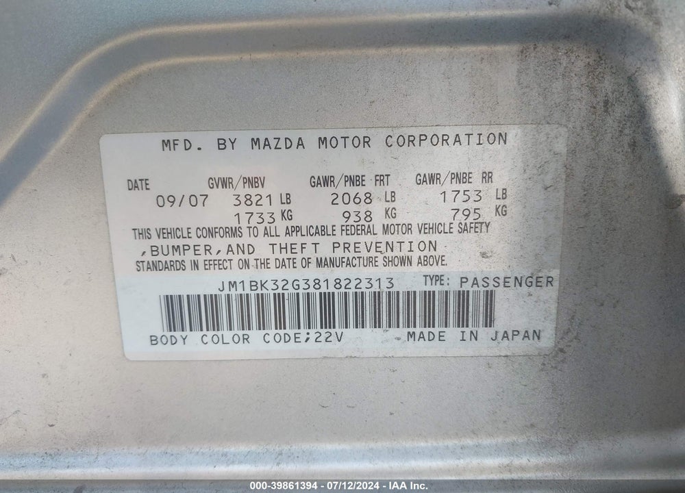 2008 MAZDA 3 I VIN: JM1BK32G381822313