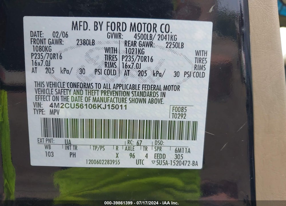 2006 MERCURY MARINER LUXURY/PREMIER VIN: 4M2CU56106KJ15011