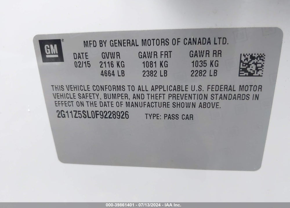 2015 CHEVROLET IMPALA LS VIN: 2G11Z5SL0F9228926