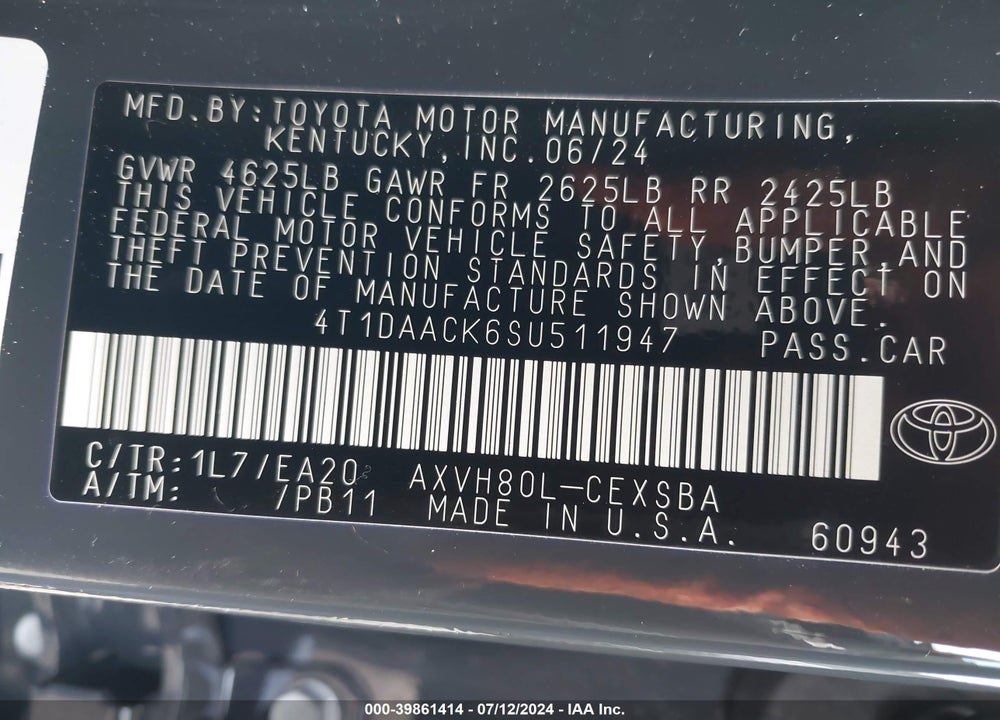 2025 TOYOTA CAMRY SE VIN: 4T1DAACK6SU511947