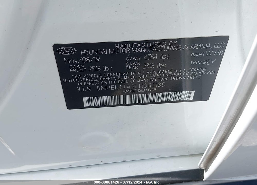 2020 HYUNDAI SONATA SEL VIN: 5NPEL4JA3LH003185