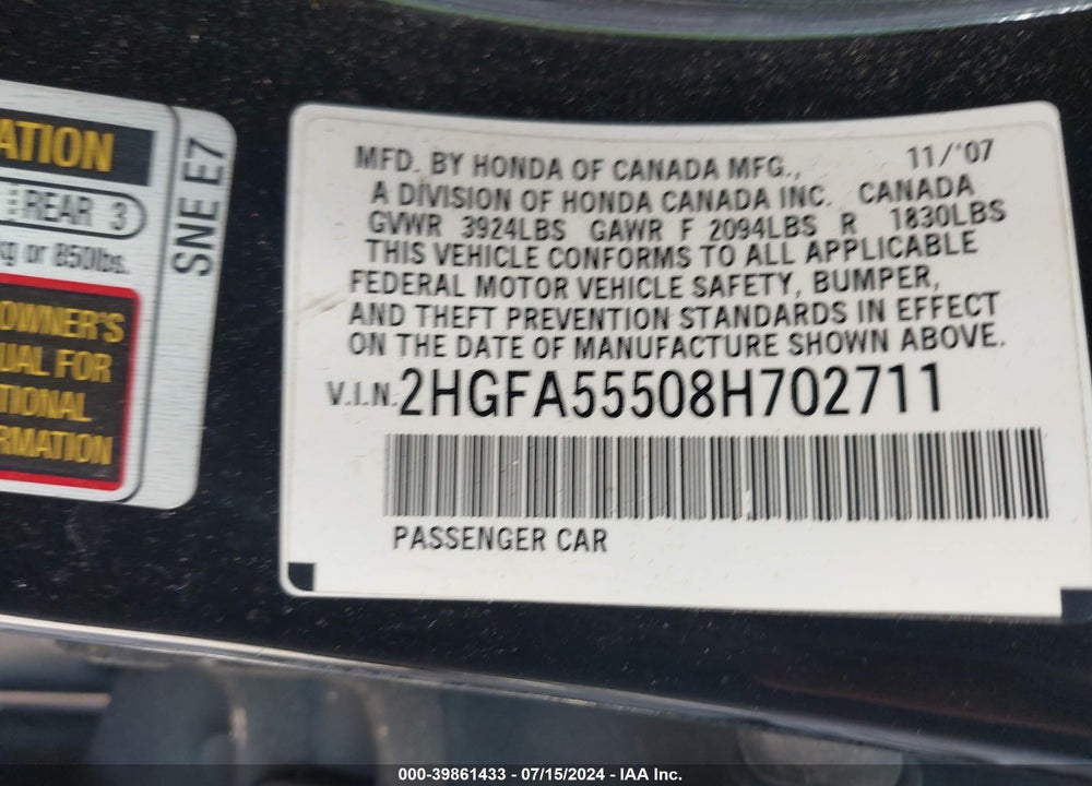2008 HONDA CIVIC SI/SI MUGEN VIN: 2HGFA55508H702711