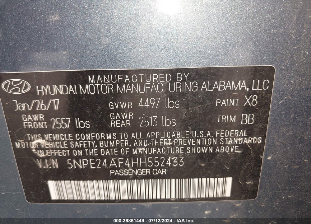 2017 HYUNDAI SONATA SE VIN: 5NPE24AF4HH552433