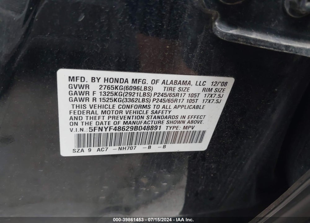 2009 HONDA PILOT EX-L VIN: 5FNYF48629B048891