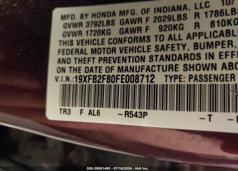 2015 HONDA CIVIC EX VIN: 19XFB2F80FE008712