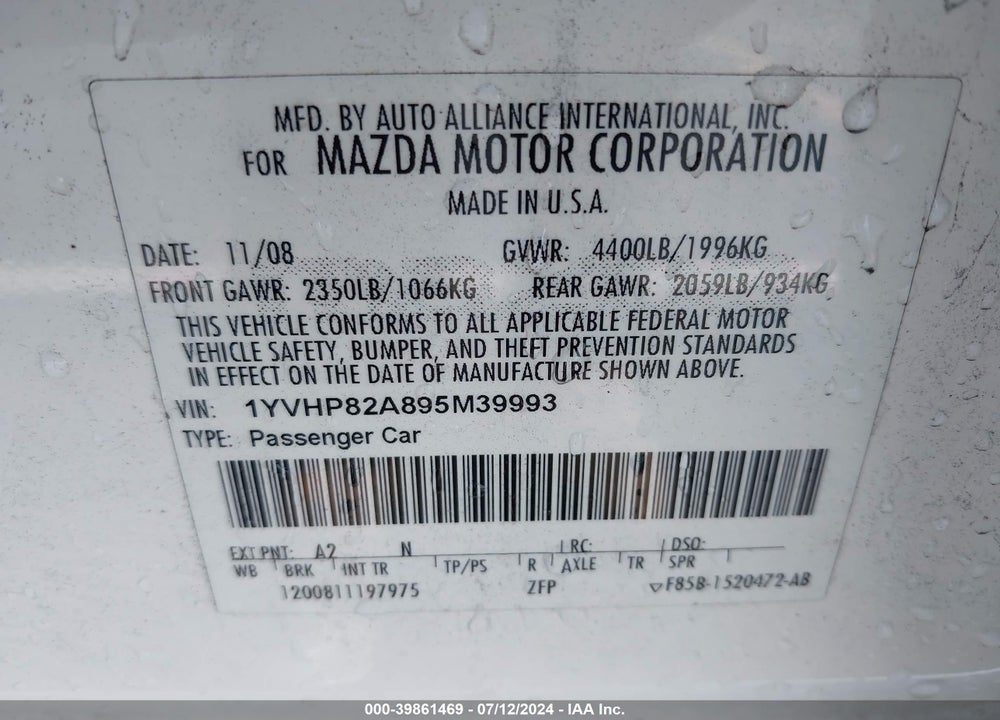 2009 MAZDA 6 I TOURING VIN: 1YVHP82A895M39993