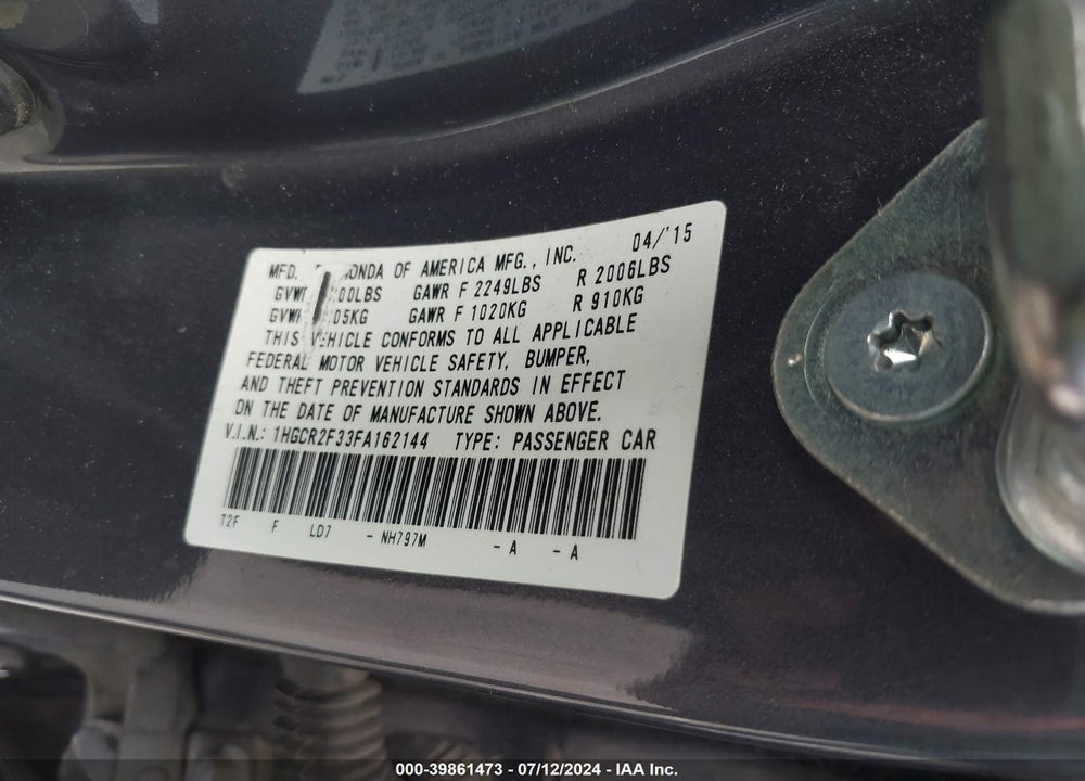 2015 HONDA ACCORD LX VIN: 1HGCR2F33FA162144