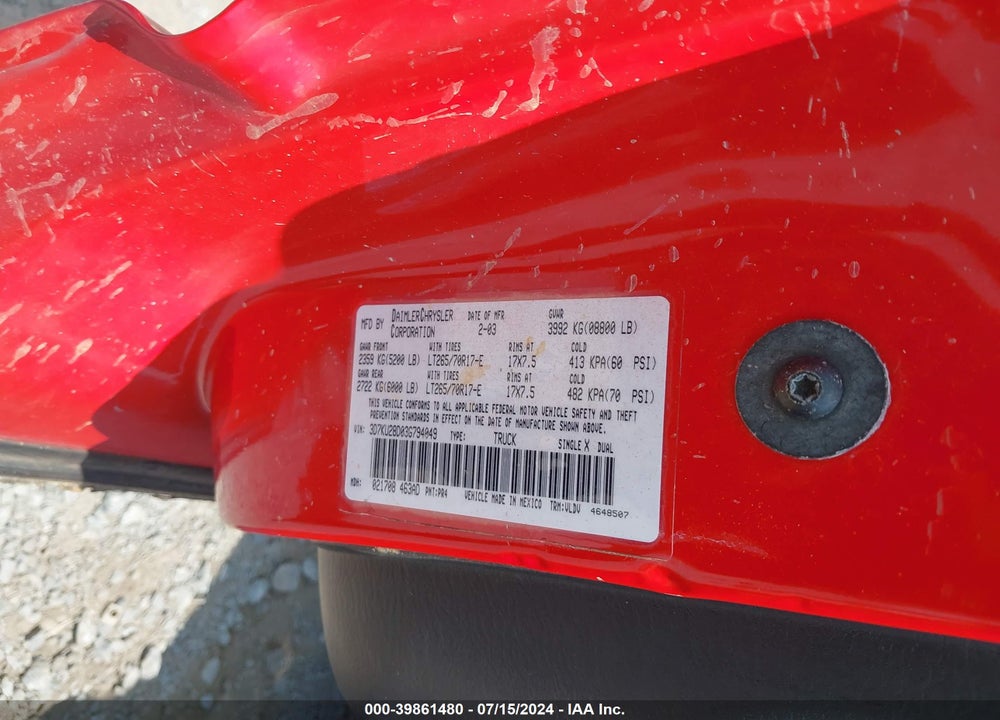 2003 DODGE RAM 2500 SLT/LARAMIE/ST VIN: 3D7KU28D03G794049