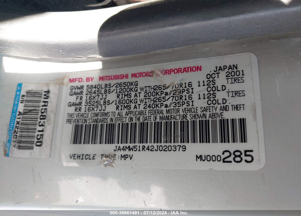 2002 MITSUBISHI MONTERO LIMITED VIN: JA4MW51R42J020379