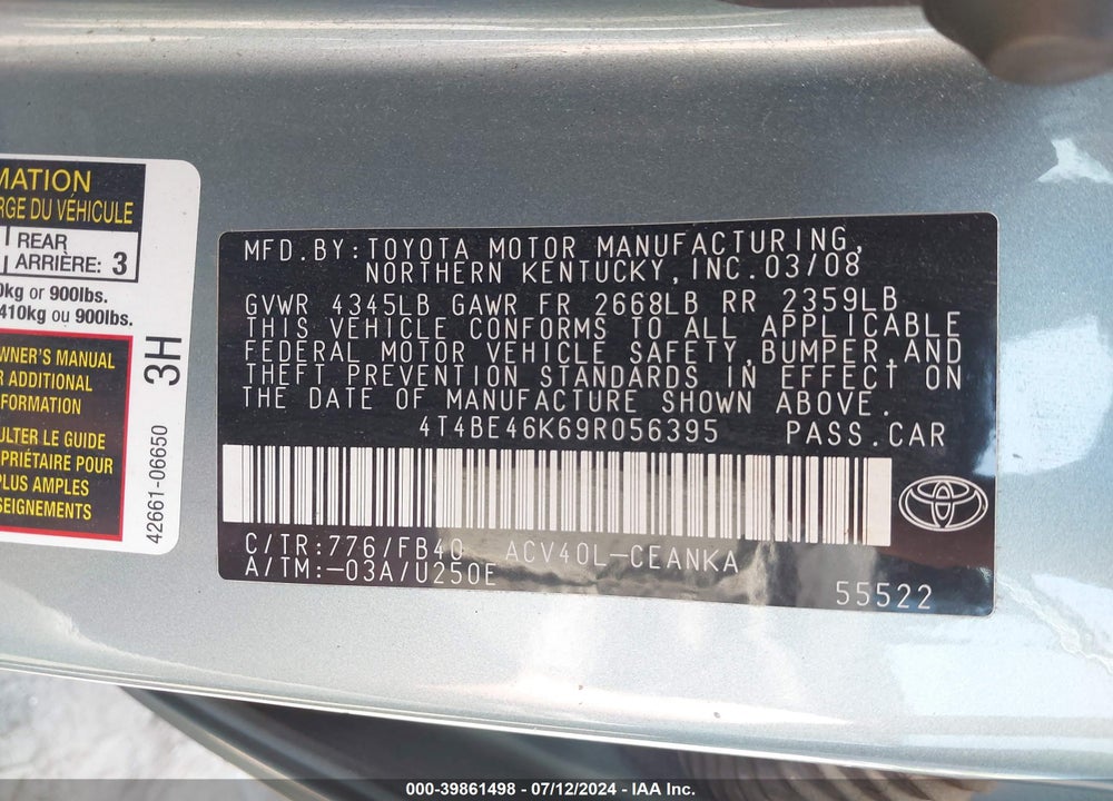 2009 TOYOTA CAMRY LE VIN: 4T4BE46K69R056395