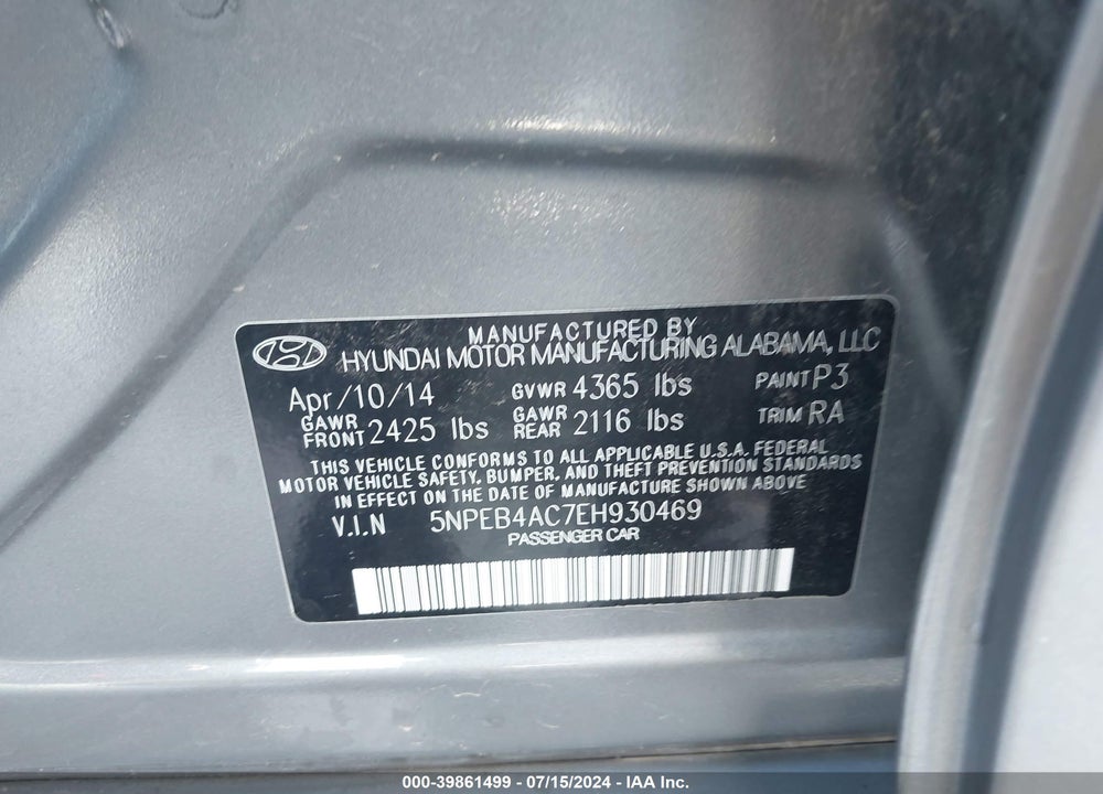 2014 HYUNDAI SONATA GLS VIN: 5NPEB4AC7EH930469