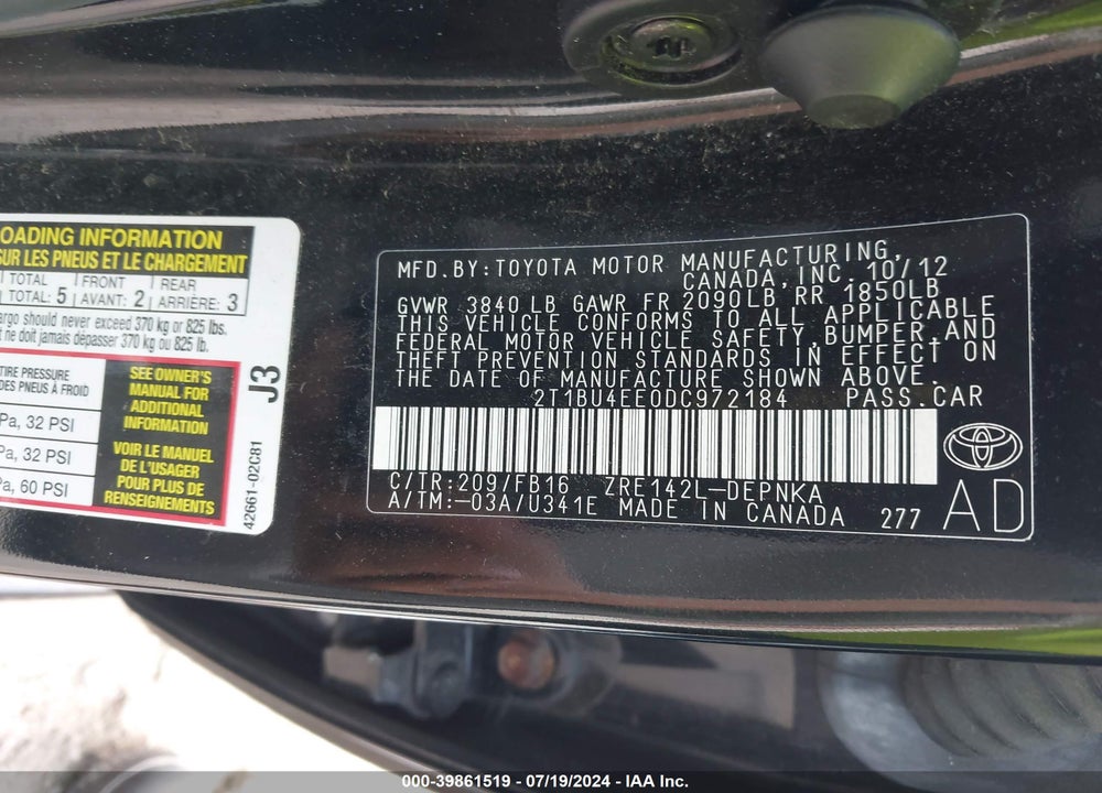 2013 TOYOTA COROLLA LE VIN: 2T1BU4EE0DC972184