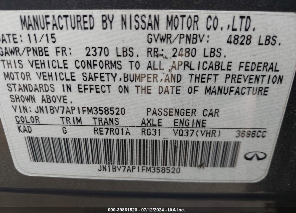 2015 INFINITI Q50 PREMIUM VIN: JN1BV7AP1FM358520
