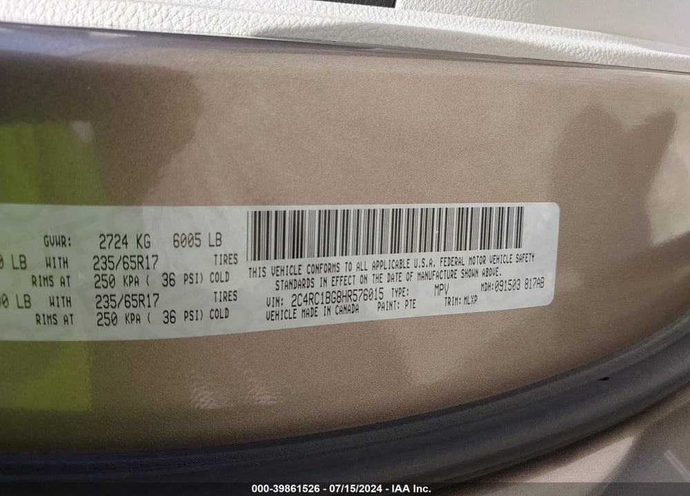 2017 CHRYSLER PACIFICA VIN: 2C4RC1BG8HR576015